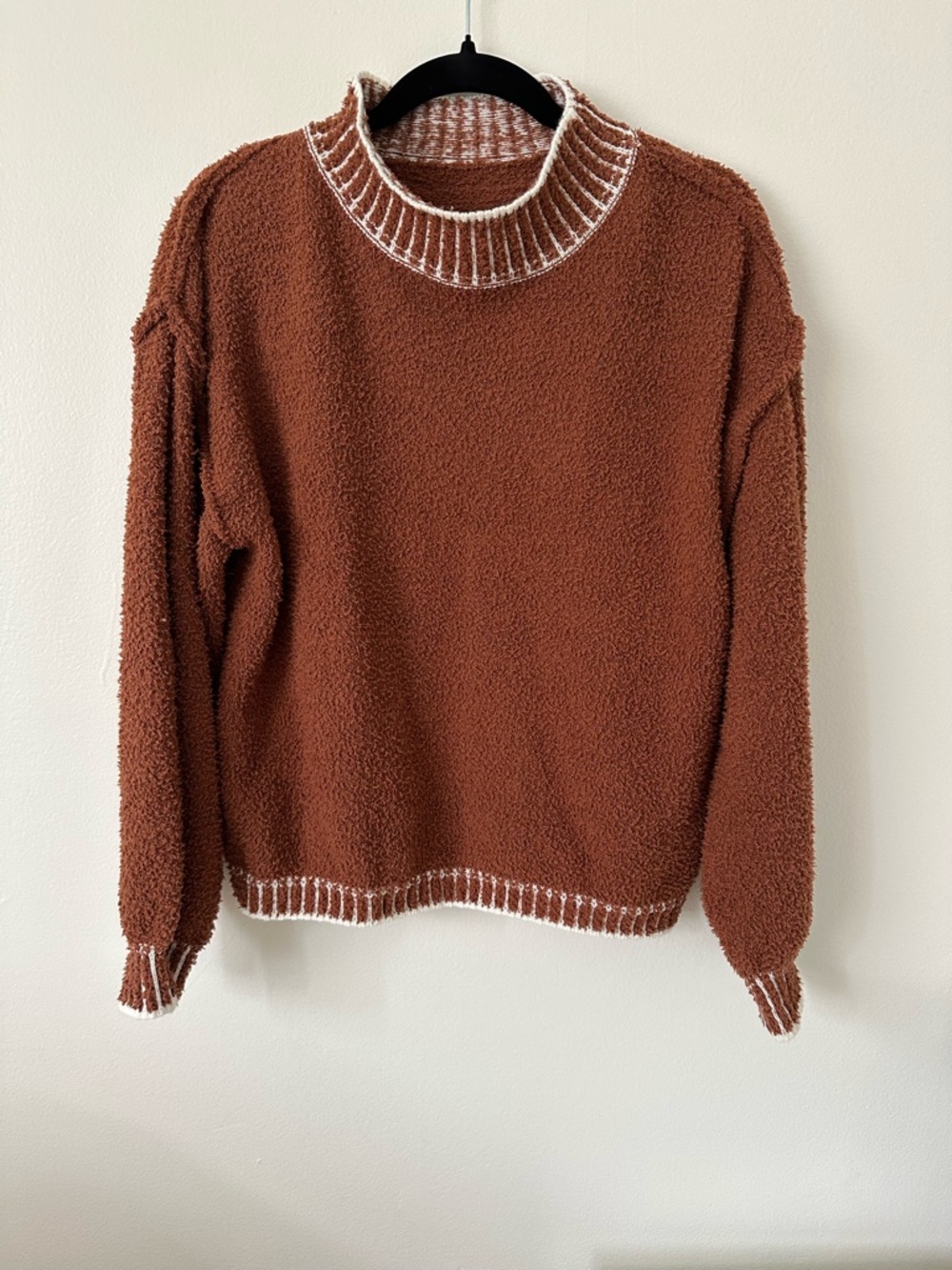 SHEIN Rust Brown Mock Neck Sweater with Cream Trim
